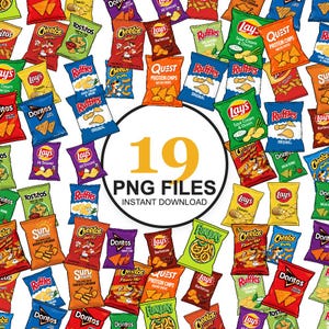 Könnte beinhalten: Eine Sammlung von 19 einzelnen Snacktüten mit verschiedenen Geschmacksrichtungen von Lay's, Ruffles, Doritos, Cheetos, Tostitos, Quest Protein-Chips, Funyuns und Sun Chips, angeordnet um einen weißen Kreis mit dem Text 19 PNG FILES.