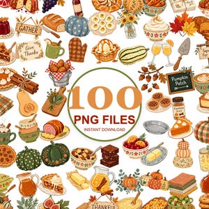 Op de afbeelding: Een digitale collectie van 100 PNG-bestanden met aquarelillustraties van herfstthema's zoals eten, pompoenen, herfstbladeren en feestelijke borden met tekst zoals Gather, Give Thanks en Pumpkin Patch, gerangschikt in een collage.