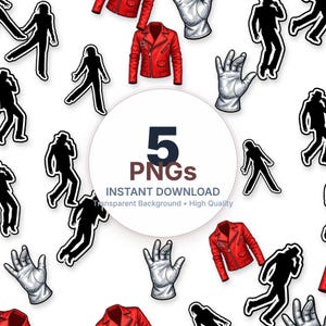 May include: A digital download graphic featuring a red leather jacket, a white glove, and black silhouettes of a person in various poses. The image includes the text "5 PNGs" and "Instant Download".