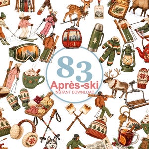 Op de afbeelding: Een digitale collectie van 83 après-ski illustraties met skiërs, snowboarders, een rode gondel, een rendier, een husky, winteruitrusting, warme chocolademelk, borrelplanken en lantaarns, met de tekst 83 Après-ski INSTANT DOWNLOAD.