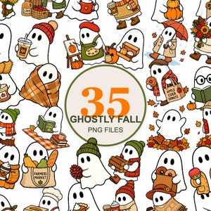 May include: A collection of 35 digital illustrations featuring white ghosts engaged in autumn activities, including holding pumpkins, drinking coffee, reading books, and wearing seasonal clothing like beanies and scarves, with the text 35 GHOSTLY FALL PNG FILES.