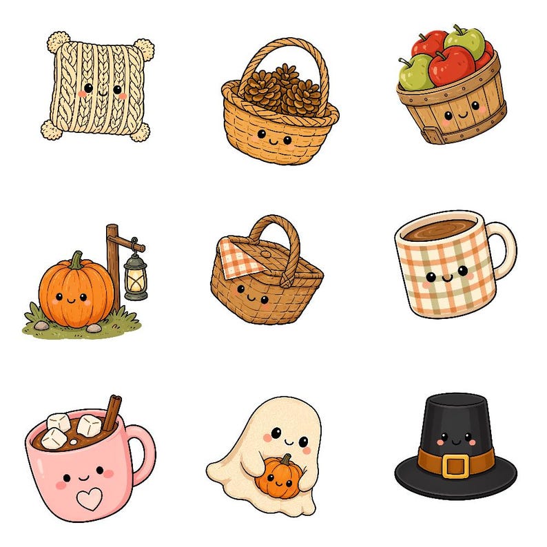 K&ouml;nnte beinhalten: Eine Sammlung von neun herbstlichen Illustrationen mit einem Zopfmuster-Kissen, einem Korb mit Tannenzapfen, einem Apfelkorb, einem K&uuml;rbis mit Laterne, einem Picknickkorb, einer karierten Tasse, einem rosa Kakaobecher, einem Geist mit K&uuml;rbis und einem Hut.