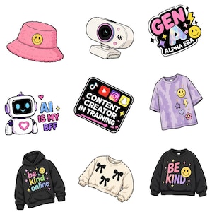 May include: A collection of stickers featuring a pink fuzzy bucket hat, a 4K webcam, a Gen A Alpha Era logo, a robot with AI IS MY BFF text, a Content Creator in Training sign, a tie-dye shirt, a black hoodie with be kind online text, a bow sweater, and a black sweatshirt with BE KIND text.