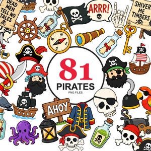 May include: A collection of pirate-themed digital illustrations featuring 81 PNG files. Elements include skulls, ships, treasure maps with text, compasses, telescopes, parrots, an octopus, lanterns, and pirate clothing on a white background.