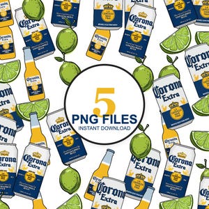 Może przedstawiać: Cyfrowy wzór z ilustracjami puszek piwa Corona Extra, szklanych butelek i cząstek limonki. Centralna okrągła odznaka zawiera tekst 5 PNG FILES INSTANT DOWNLOAD w kolorze niebieskim i żółtym na białym tle.