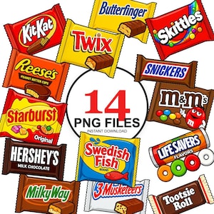 May include: A collection of colorful candy brand wrappers including KitKat, Butterfinger, Twix, Skittles, Reese's, Snickers, M&M's, Starburst, Hershey's, Swedish Fish, Life Savers, Milky Way, 3 Musketeers, and Tootsie Roll with text 14 PNG FILES.