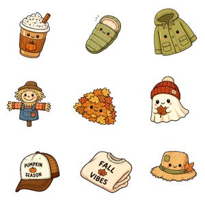 K&ouml;nnte beinhalten: Eine Sammlung von neun herbstlichen Aufklebern mit einem K&uuml;rbis-Latte, einem Schlafsack, einer gr&uuml;nen Jacke, einer Vogelscheuche, einem Laubhaufen, einem Geist mit M&uuml;tze, einer Baseballkappe, einem Sweatshirt und einem Strohhut.