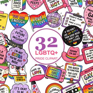 Può includere: Una collezione di 32 colorate illustrazioni digitali con temi legati al pride LGBTQ+, tra cui arcobaleni, cuori, una palla da discoteca, un cappello da cowboy, un televisore e vari slogan come Love Is Love e The Future Is Inclusive.