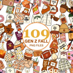 Puede incluir: Una colección de 109 pegatinas digitales con ilustraciones de temática otoñal que incluyen calabazas, tazas de café, jerséis, gorros, rosquillas y caras sonrientes. El texto central dice 109 GEN Z FALL PNG FILES en colores naranja y marrón.