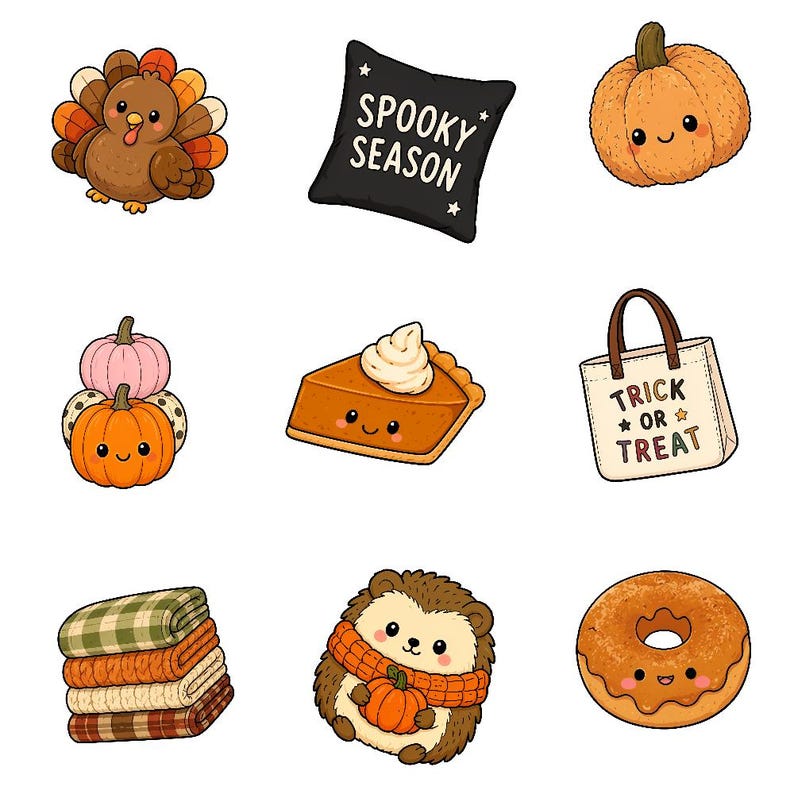 K&ouml;nnte beinhalten: Eine Sammlung von neun herbstlichen Illustrationen mit einem braunen Truthahn, einem schwarzen Kissen mit dem Text SPOOKY SEASON, einem orangefarbenen K&uuml;rbis, gestapelten K&uuml;rbissen, einem St&uuml;ck K&uuml;rbiskuchen, einer Tasche mit TRICK OR TREAT, gefalteten Decken, einem Igel und einem Krapfen.