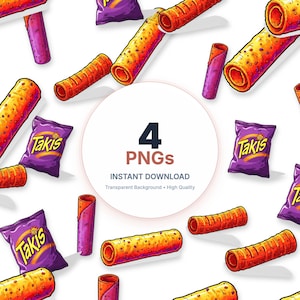 May include: A repeating pattern of purple Takis snack bags and rolled tortilla chips in shades of orange and red. The image includes the text "4 PNGs" and "Instant Download".