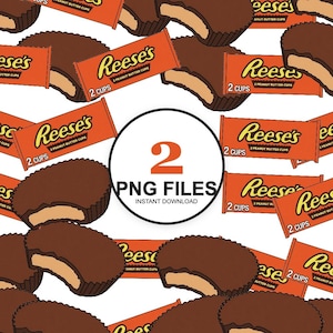 May include: A repeating pattern of orange Reese's peanut butter cup wrappers and chocolate peanut butter cups with a central white circle containing the orange text 2, black text PNG FILES, and smaller black text INSTANT DOWNLOAD.