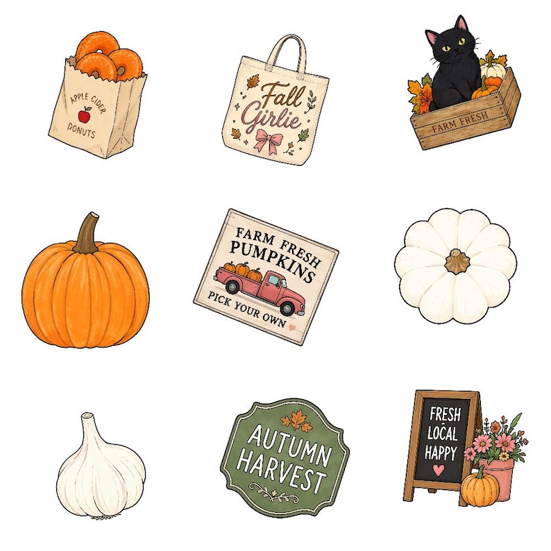 May include: A collection of nine autumn-themed illustrations including a bag of apple cider donuts, a tote bag labeled Fall Girlie, a black cat in a crate, an orange pumpkin, a sign reading Farm Fresh Pumpkins, a white pumpkin, a garlic bulb, an Autumn Harvest sign, and a sign reading Fresh Local Happy with flowers.
