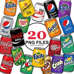 Puede incluir: Una colección de veinte latas de refresco ilustradas de varias marcas como Fanta, Schweppes, Diet Coke, Pepsi, Canada Dry, Sunkist, Coca-Cola, Dr Pepper, Sprite, Mountain Dew, A&W y Crush con el texto 20 PNG FILES INSTANT DOWNLOAD.
