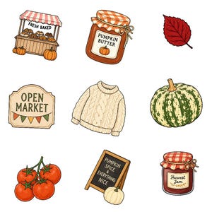 May include: A collection of autumn-themed illustrations including a market stall with the text FRESH BAKED, a jar of PUMPKIN BUTTER, a red leaf, an OPEN MARKET sign, a cream cable knit sweater, a green pumpkin, tomatoes, and a jar of HARVEST JAM.