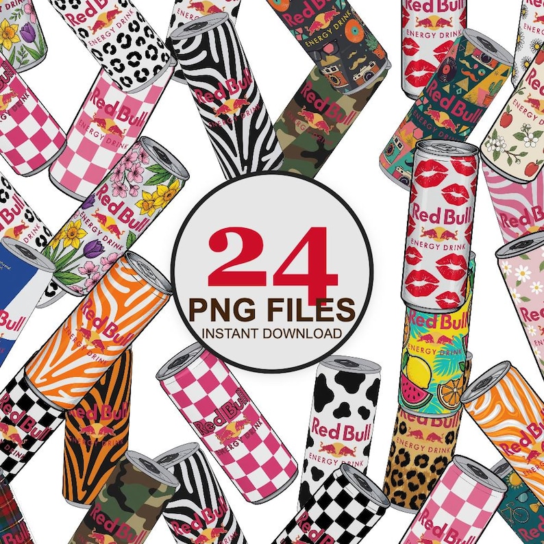 May include: A collection of Red Bull energy drink cans with various patterns, including animal prints, floral designs, and geometric shapes. A central graphic reads "24 PNG FILES INSTANT DOWNLOAD". The cans are in a variety of colors.