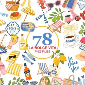 Peut inclure: Une collection numérique de 78 fichiers PNG sur le thème La Dolce Vita, illustrant des icônes de l'été italien comme un scooter rose, du limoncello, des pâtes, des glaces, des chaises de plage, des citrons, des olives et des sardines.