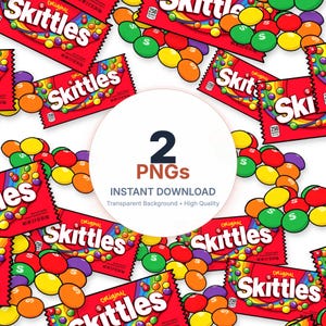 May include: A digital download graphic featuring red Skittles candy packages and scattered colorful candies. The image includes the text "2 PNGs" and "Instant Download". The Skittles packages have a rainbow design and the word "Skittles".