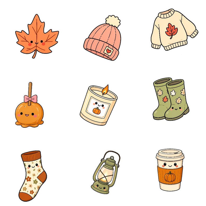 K&ouml;nnte beinhalten: Eine Sammlung von neun niedlichen Herbst-Illustrationen mit einem l&auml;chelnden Ahornblatt, einer rosa Strickm&uuml;tze, einem cremefarbenen Pullover, einem Liebesapfel, einer Kerze mit K&uuml;rbis-Etikett, gr&uuml;nen Gummistiefeln, einer Socke, einer Laterne und einem Kaffeebecher.