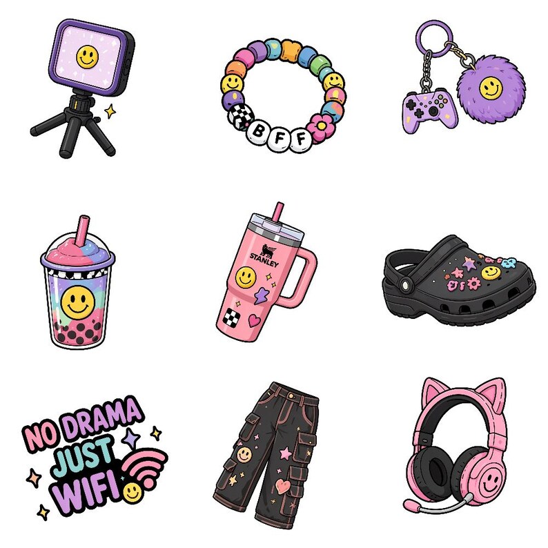 May include: A collection of nine illustrations featuring a purple phone tripod, a colorful beaded BFF bracelet, a purple gaming keychain, a boba tea cup, a pink Stanley tumbler, a black clog, text reading NO DRAMA JUST WIFI, cargo pants, and cat headphones.
