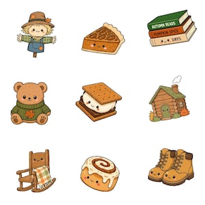 K&ouml;nnte beinhalten: Eine Sammlung von neun niedlichen, illustrierten Symbolen mit einer Vogelscheuche, einem St&uuml;ck Pekannusstorte, einem B&uuml;cherstapel mit der Aufschrift Autumn Reads, Pumpkin Spice und Days, einem Teddyb&auml;ren, einem S'more, einer Blockh&uuml;tte, einem Schaukelstuhl, einer Zimtschnecke und Stiefeln.