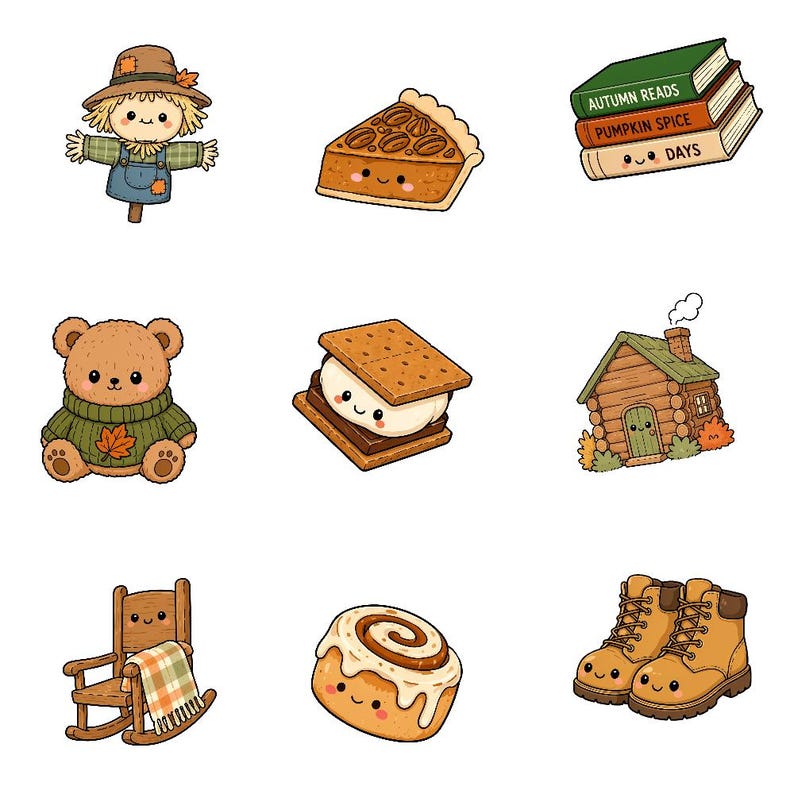 K&ouml;nnte beinhalten: Eine Sammlung von neun niedlichen, illustrierten Symbolen mit einer Vogelscheuche, einem St&uuml;ck Pekannusstorte, einem B&uuml;cherstapel mit der Aufschrift Autumn Reads, Pumpkin Spice und Days, einem Teddyb&auml;ren, einem S'more, einer Blockh&uuml;tte, einem Schaukelstuhl, einer Zimtschnecke und Stiefeln.