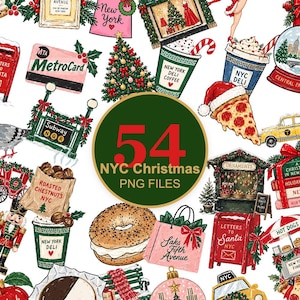 Puede incluir: Una colección de 54 ilustraciones digitales con temas navideños de Nueva York, que incluyen una MetroCard, una porción de pizza con gorro de Papá Noel, un bagel, un cascanueces, una bolsa de castañas asadas, una taza de café y un buzón rojo para Santa.