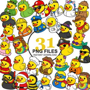 Peut inclure: Une collection de 31 illustrations de canards en caoutchouc jaunes portant divers costumes, dont un médecin, un astronaute, un pirate, une sirène, un pompier, un policier et le Père Noël, avec le texte 31 PNG FILES INSTANT DOWNLOAD au centre.