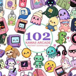 Puede incluir: Una colección de 102 ilustraciones digitales con varios personajes y objetos, incluyendo máquinas recreativas, un dinosaurio verde, un oso rosa, un perezoso, un robot, una medusa y un unicornio, con el texto 102 KAWAII ARCADE INSTANT DOWNLOAD.
