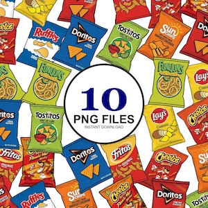May include: An assortment of snack chip packets, such as Doritos, Fritos, Lay's, and Cheetos, are arranged around a central graphic. The graphic reads "10 PNG FILES INSTANT DOWNLOAD" in a white circle with a blue number 10.