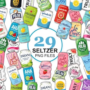 Könnte beinhalten: Eine Sammlung von neunundzwanzig farbenfrohen Illustrationen verschiedener Sprudelwasser- und Seltzer-Dosen, darunter Marken wie La Croix, Spindrift, Polar und White Claw, die den Text 29 SELTZER PNG FILES in einem blauen Kreis umgeben.