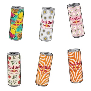 May include: Six Red Bull energy drink cans with various designs. One can features a pattern of lemons, watermelons, and oranges. Other cans have daisy, apple, and abstract orange patterns. Each can has the Red Bull logo and "ENERGY DRINK" text.