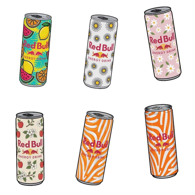 May include: Six Red Bull energy drink cans with various designs. One can features a pattern of lemons, watermelons, and oranges. Other cans have daisy, apple, and abstract orange patterns. Each can has the Red Bull logo and "ENERGY DRINK" text.