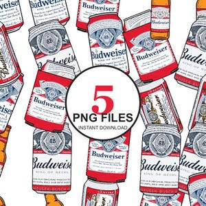 Pode incluir: Um gráfico de download digital com várias latas e garrafas de cerveja Budweiser vermelhas e brancas. Um gráfico circular no centro diz "5 PNG FILES INSTANT DOWNLOAD" em texto vermelho e preto. A imagem é um padrão contínuo.