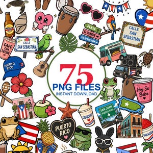 May include: A collection of 75 digital illustrations featuring Puerto Rican cultural icons including a coqui frog, a Medalla Light beer bottle, a Calle San Sebastián sign, a Puerto Rico baseball cap, a tropical parrot, and a food truck.