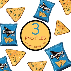 May include: Three digital files of a Doritos bag and two individual chips with Cool Ranch flavour. The text "3 PNG FILES INSTANT DOWNLOAD" is in a circle.