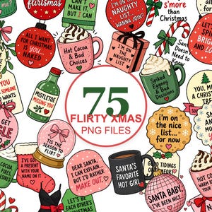 Puede incluir: Una colección de 75 ilustraciones digitales con iconos navideños que incluyen tazas de chocolate caliente, cajas de regalo, adornos y galletas, cada uno con textos divertidos como 'Hot Cocoa & Bad Choices' y 'Santa's Favorite Hot Girl'.