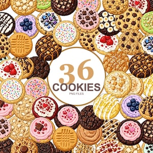 Könnte beinhalten: Eine Sammlung von 36 illustrierten Keksen mit verschiedenen Belägen wie Schokoladenstückchen, Beeren, Streuseln, Zuckerguss und Nüssen, die eine zentrale kreisförmige Grafik mit dem Text 36 COOKIES PNG FILES in Braun umgeben.