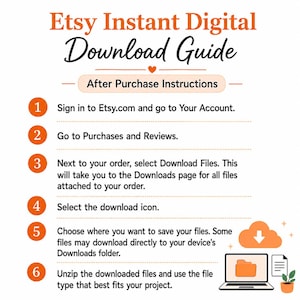 May include: An instructional graphic titled Etsy Instant Digital Download Guide with After Purchase Instructions. It lists six numbered steps for downloading files, featuring orange circular icons, text, and a laptop icon with a cloud download symbol.