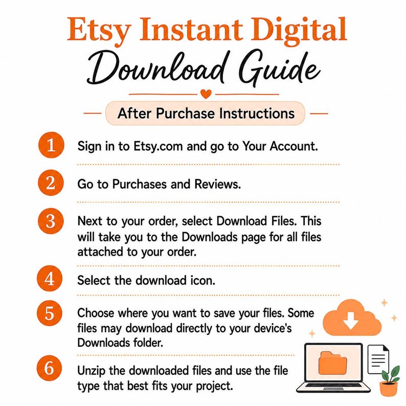 May include: An instructional graphic titled Etsy Instant Digital Download Guide with After Purchase Instructions. It lists six numbered steps for downloading files, featuring orange circular icons, text, and a laptop icon with a cloud download symbol.