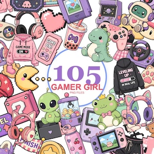 May include: A collection of 105 digital graphics featuring pastel-coloured gaming items including headphones, handheld consoles, a pink hoodie with text reading GAME MODE ON, a black hoodie with LEVELING UP IN REAL LIFE, and cute creatures.