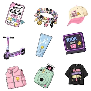 May include: A collection of nine illustrations featuring a smartphone with text, a beaded bracelet, a baseball cap, a scooter, a tube of gel cleanser, a computer monitor with text, a puffer vest, an instant camera, and a t-shirt with text.