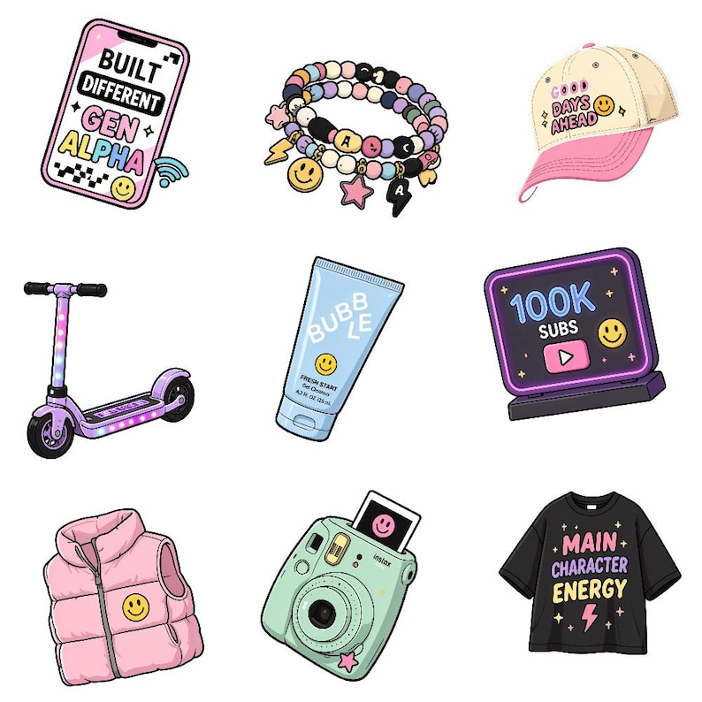 May include: A collection of nine illustrations featuring a smartphone with text, a beaded bracelet, a baseball cap, a scooter, a tube of gel cleanser, a computer monitor with text, a puffer vest, an instant camera, and a t-shirt with text.