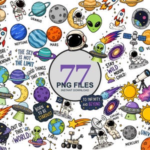 Könnte beinhalten: Eine Sammlung von 77 digitalen Illustrationen zum Thema Weltraum mit Astronauten, Planeten, Außerirdischen, UFOs, Raketen und Sternen. Die Grafiken enthalten Textphrasen wie The Sky Is Not The Limit, Stay Wild Moon Child und To Infinity And Beyond.