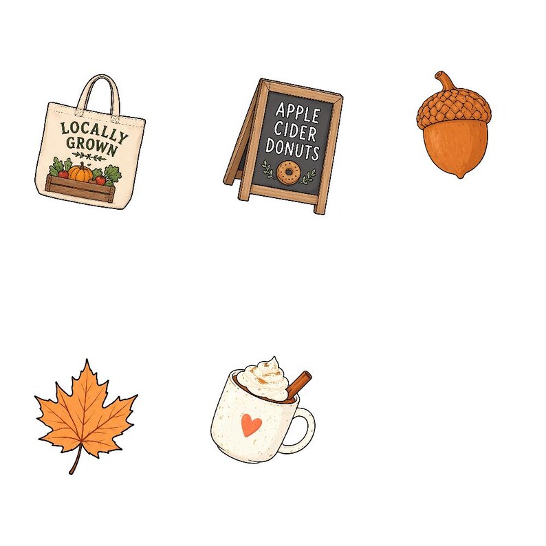 May include: A collection of five autumn-themed stickers featuring a tote bag with the text LOCALLY GROWN, a wooden A-frame sign reading APPLE CIDER DONUTS, a brown acorn, an orange maple leaf, and a white mug with a heart and whipped cream.