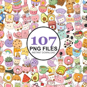 Puede incluir: Una colección de 107 coloridas ilustraciones digitales de estilo kawaii que presentan diversos alimentos, bebidas, animales y objetos con caras sonrientes, centrada alrededor de una gran insignia circular que dice 107 PNG FILES INSTANT DOWNLOAD.