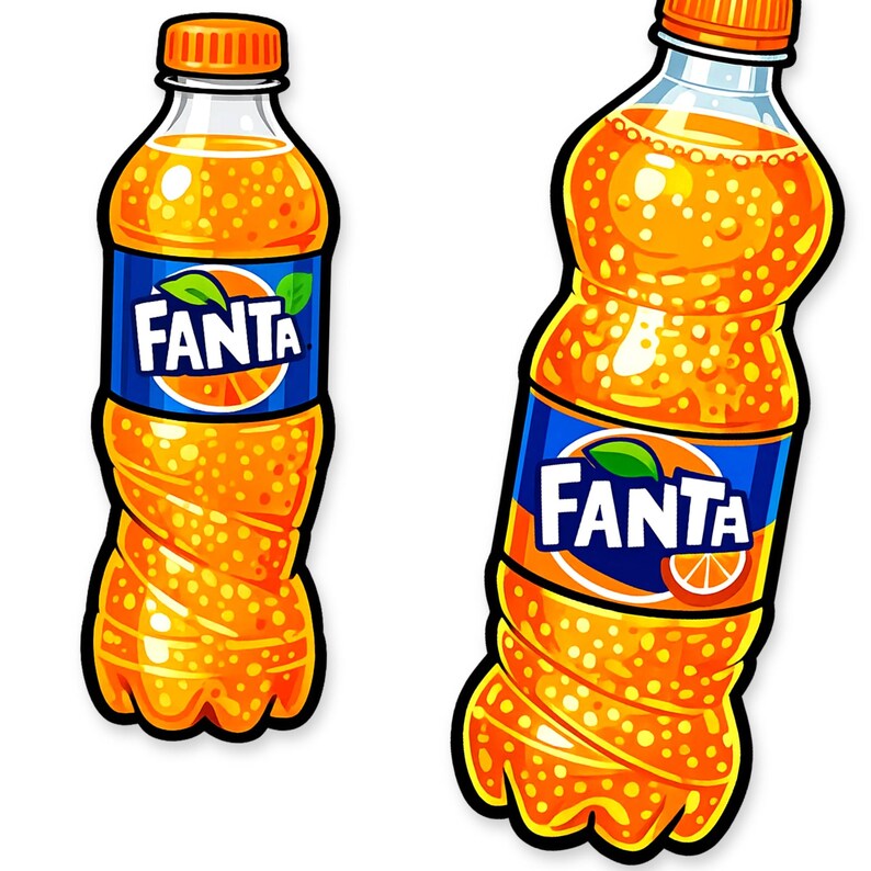 May include: Two orange Fanta soda bottles. The bottles have a blue label with the word "Fanta" in white, a green leaf, and an orange slice. The bottles are filled with orange soda and have orange caps.