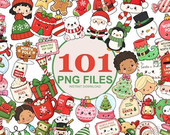 Trendiges Kawaii-Weihnachts-Clipart-Bundle (PNG) | 101 niedliche Weihnachts-Cliparts mit Weihnachtsmann, Elf, Rentier und Schneemann | Festliche Wintergrafiken (kommerzielle Nutzung)