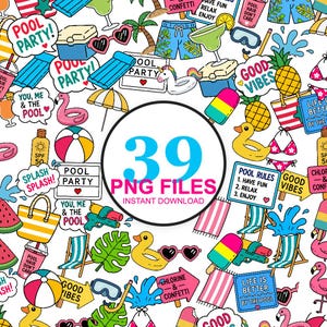 Puede incluir: Una colección digital de 39 archivos PNG con coloridas ilustraciones de fiestas en la piscina, incluyendo flamencos, pelotas de playa, piñas, gafas de sol, helados, patitos de goma, tumbonas y carteles con textos como Pool Party y Good Vibes.