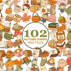 Peut inclure: Une collection de 102 illustrations kawaii sur le thème de l'automne avec des citrouilles, tasses, feuilles, hérissons et friandises souriants. Le texte central indique 102 AUTUMN KAWAII PNG FILES, entouré d'icônes mignonnes et colorées.